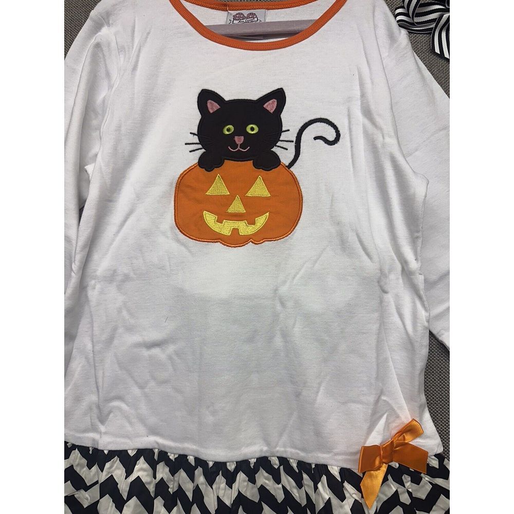 BNWT Ann Loren Halloween Black Cat In Pumpkin Dress Pants Set Girls Size 11/12 - Picture 4 of 8
